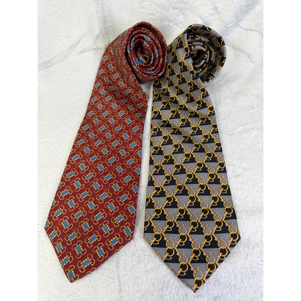 Burberrys Necktie Lot Mens OS Red Grey Silk Chain Horsebit Vintage Set of 2